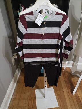 Tahari Maroon, Black & Gray Striped Henley Set